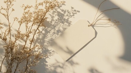Blank tag mockup with dried flowers and sunlight shadows on beige background.