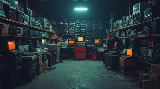 Retro tech warehouse filled with vintage computers, monitors, and electronics.