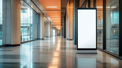 Blank vertical advertising screen in modern building hallway.
