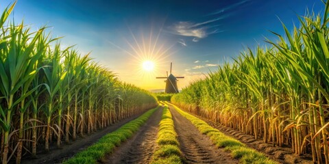 Obraz premium Serene Sunset View of a Windmill in a Lush Cornfield