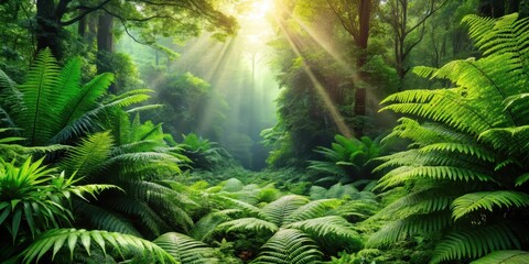Fototapeta premium Lush Rainforest Canopy Bathed in Sunlight A Serene and Mystical Scene of Verdant Greenery