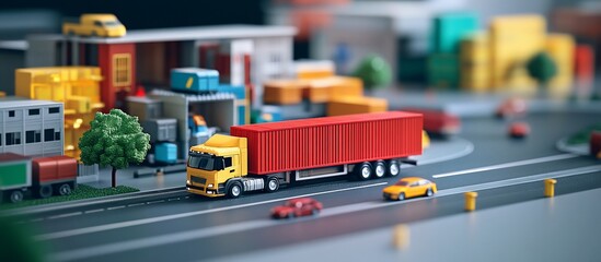 Naklejka premium Miniature city model with a yellow truck carrying a red container on the road.
