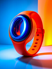 An orange and blue watch with a blue lens on it