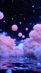 Fototapeta premium Ethereal clouds and colorful spheres in a surreal night sky over a tranquil body of water