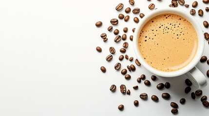 Top view of espresso in white cup with coffee beans on white background.