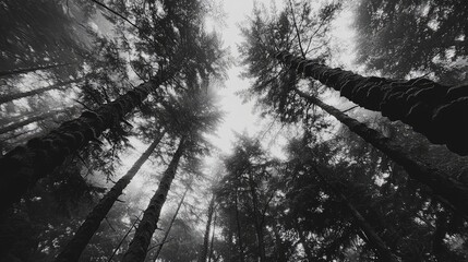 Tall Trees Enveloped In Misty Forest Atmosphere