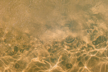 Drops creating ripples on a clear water surface with sunlight reflections, showcasing a textured aquatic background in warm tones.
