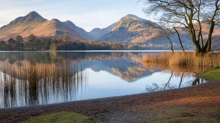 Fototapeta premium Mountain lake reflects serene autumn landscape
