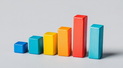 Colorful wooden blocks forming an ascending bar graph on a gray background, symbolizing growth, success, and progress.