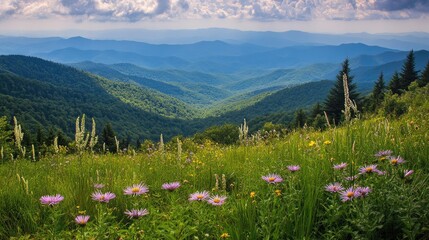 Obraz premium Mountain Meadow Wildflowers Panorama Blue Ridge Views