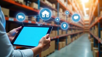 Tablet Displaying Digital Warehouse Logistics Network