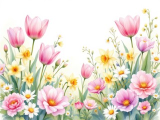 Fototapeta premium A vibrant collection of spring flowers, including tulips, daffodils, and cherry blossoms, beautifully illustrated with delicate details and soft pastel colors on a white background