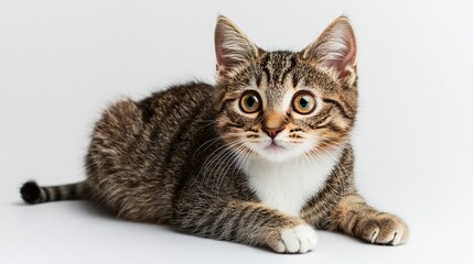 Obraz premium Adorable tabby kitten lying down on white background, looking at the camera.