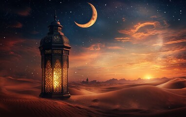 Fototapeta premium Desert Lantern: A Serene Sunset Landscape