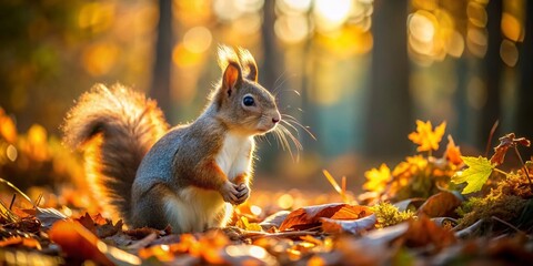 Obraz premium Adorable Squirrel Amongst Autumn Leaves in Forest - Nature Stock Photo