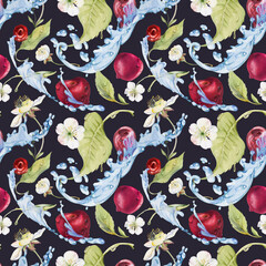 Sweet sour cherry cerise flying in water splashes drops, watercolor hand drawn, red garden berry leaves white flowers. Seamless pattern tile illustration. Restaurant dessert cafe menu, farmers market
