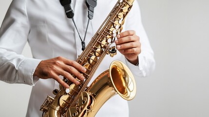 Naklejka premium Close-up of a person playing a gold alto saxophone.