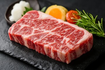 Fototapeta premium Raw marbled beef steak with garnishes on slate plate for cooking preparation