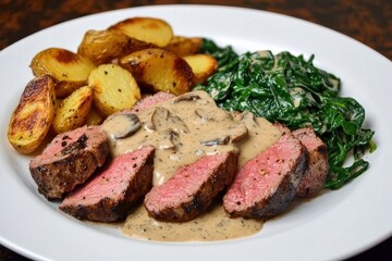Juicy steak medallions topped with creamy mushroom sauce, served with crispy roasted potatoes