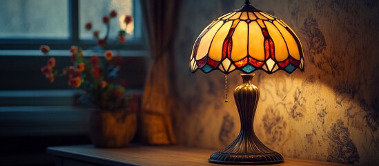 Illuminated Tiffany-style table lamp on wooden surface near window with flowers.