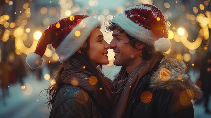 Romantic couple in Santa hats sharing a tender moment amidst twinkling Christmas lights.