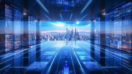 Futuristic city skyline viewed from a glass observation deck during twilight with vibrant lights and modern architecture