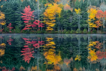 A serene forest lake reflects the vibrant colors of autumn foliage, creating a breathtaking mirror image, A peaceful lake reflecting the changing colors of the trees