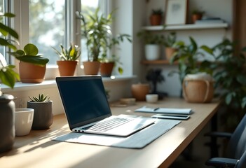 Bright and serene home office setup with laptop and indoor plants enhancing productivity in a cozy environment. Generative AI