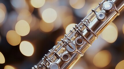 Obraz premium Close-up of silver flute against bokeh lights.