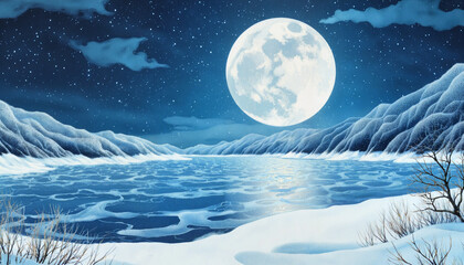 Fototapeta premium Moonlit winter landscape with frozen lake