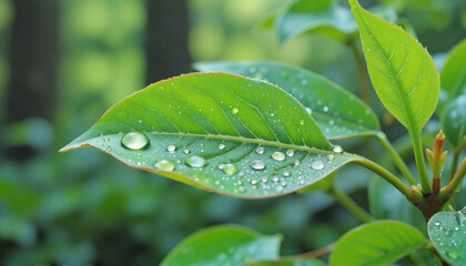 Fototapeta premium Green leaf with water droplets on blurred forest background