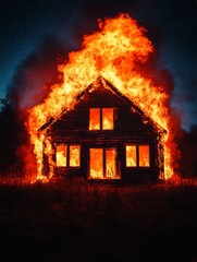 House Inferno Night Blaze - Fiery destruction, loss, chaos, rebirth, and resilience symbolized in a burning house at night.  The flames engulf the structure entirely.