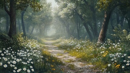 Woodland Path Enchanting Flowery Forest Scene