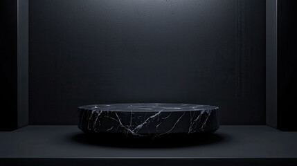 minimalist scene featuring luxurious black marble pedestal against dark background, evoking elegance and sophistication