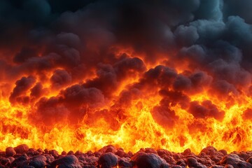Obraz premium Infernal Blaze and Volcanic Ash - Fiery inferno, dark smoke, volcanic rocks, intense heat, destruction; symbolizing power, chaos, danger, apocalypse, and rebirth.