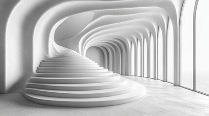 Obraz premium Modern architectural design featuring a spiral white staircase in an open airy space with large windows overlooking a scenic view