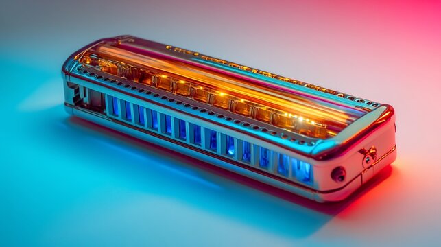 Chrome harmonica illuminated with vibrant pink and blue light on a white background.