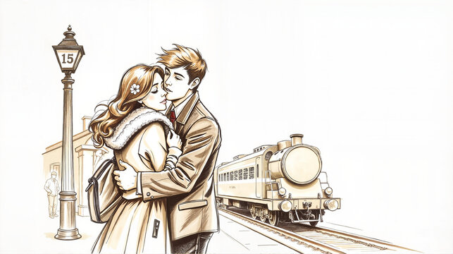 Vintage-style couple embracing at a train station platform, hug, 