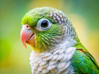 Fototapeta premium Adorable White Juvenile Green Cheek Parakeet Closeup - Tilt-Shift Miniature Effect