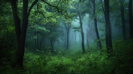 Obraz premium Misty Forest Path Enchanting Spiderweb Scene
