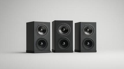 Obraz premium Three black bookshelf speakers on white background.