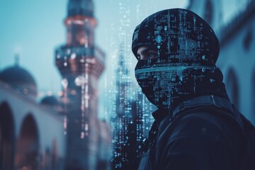 Soldier in tactical gear stands against historic architecture with a digital overlay effect