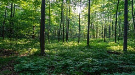 Obraz premium Sunlit Forest Floor Lush Green Canopy Trees