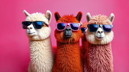 Fototapeta premium Group of Fluffy Alpacas Wearing Oversized Sunglasses on Pink Background