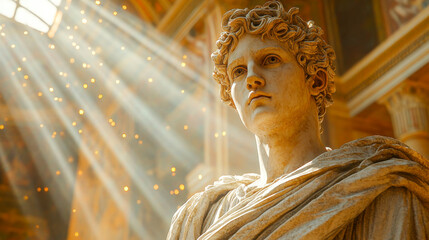 Masterful sculpture of a young man illuminated by sunlight in an ancient architectural setting