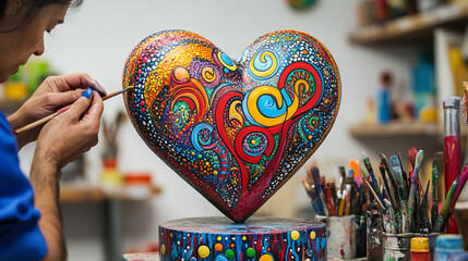 A sculptor carefully chisels away at a heart-shaped sculpture, surrounded by vibrant colors of paint and tools.