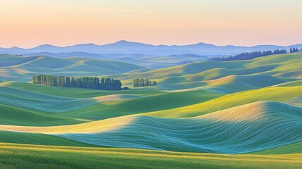 Fototapeta premium Rolling Green Hills Under a Pastel Sky at Sunrise