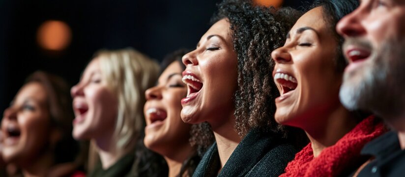 Diverse group of people singing joyfully together, mouths open in song.