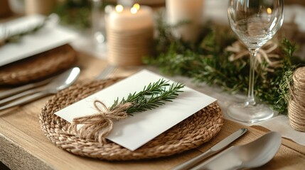 Rustic place setting with natural elements  woven charger, rosemary sprig, candles, and wooden table.