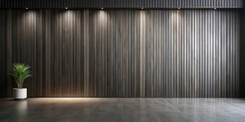 Modern minimalist interior design featuring a sleek dark wood slat wall and dark grey floor with a single potted plant